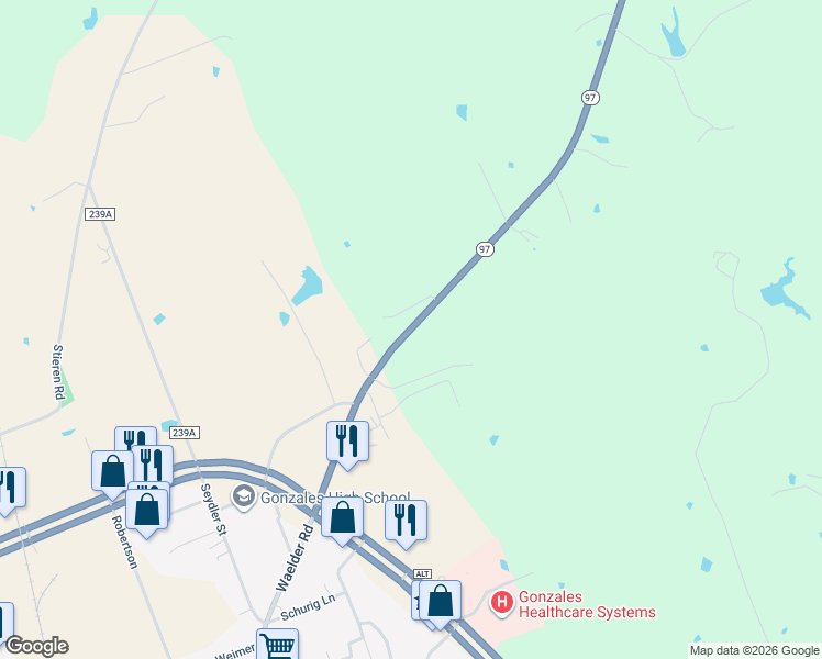 map of restaurants, bars, coffee shops, grocery stores, and more near 1899 Waelder Road in Gonzales
