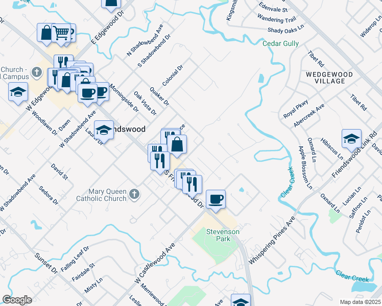 map of restaurants, bars, coffee shops, grocery stores, and more near 408 Clearview Avenue in Friendswood