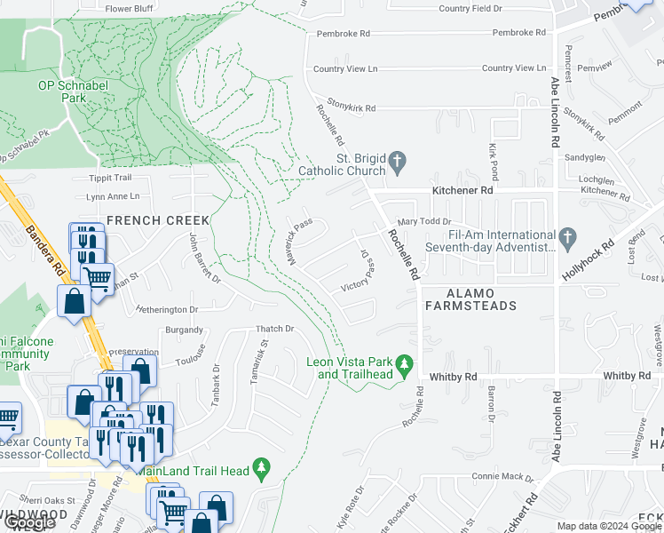 map of restaurants, bars, coffee shops, grocery stores, and more near 7123 Valewood View in San Antonio