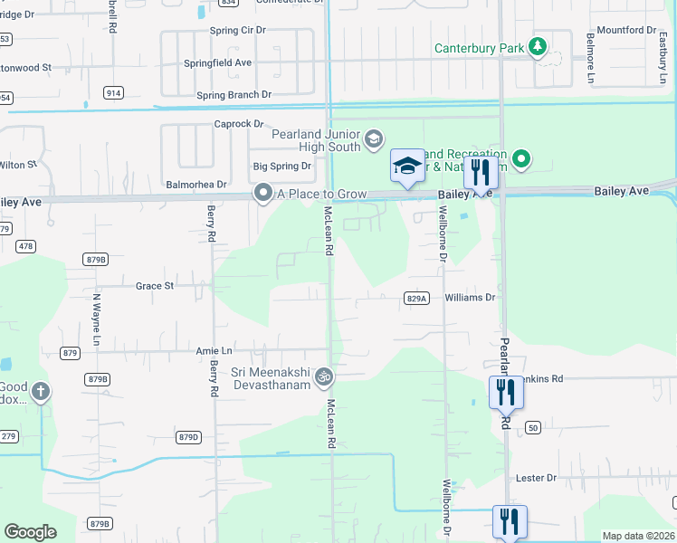 map of restaurants, bars, coffee shops, grocery stores, and more near 16729 McLean Road in Pearland