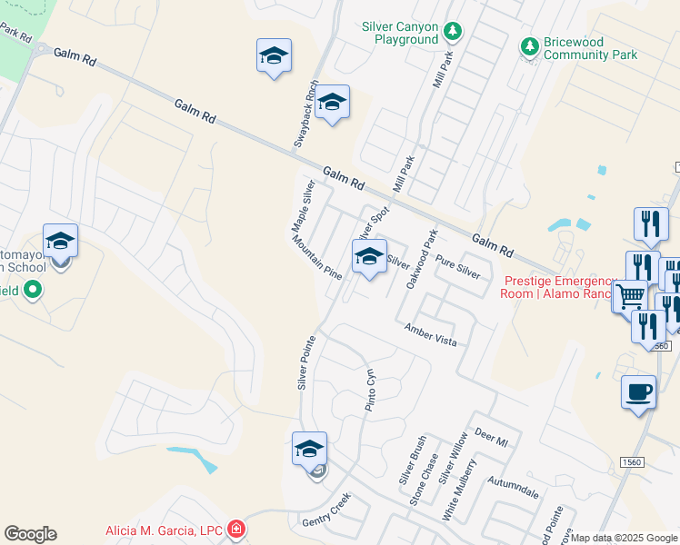 map of restaurants, bars, coffee shops, grocery stores, and more near 9202 Silver Vista in San Antonio