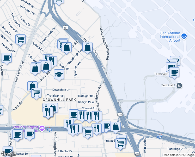 map of restaurants, bars, coffee shops, grocery stores, and more near 9601 McAllister Freeway in San Antonio
