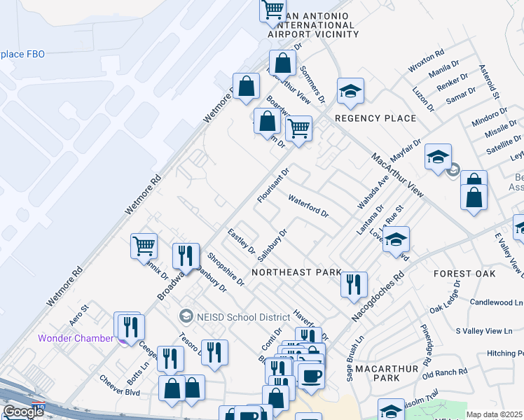 map of restaurants, bars, coffee shops, grocery stores, and more near 2510 Woodbury Drive in San Antonio