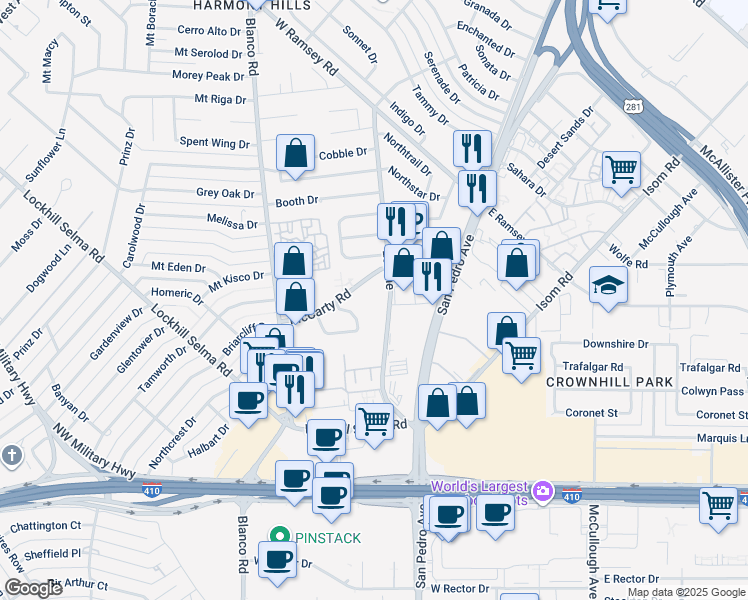 map of restaurants, bars, coffee shops, grocery stores, and more near 9525 Lorene in San Antonio