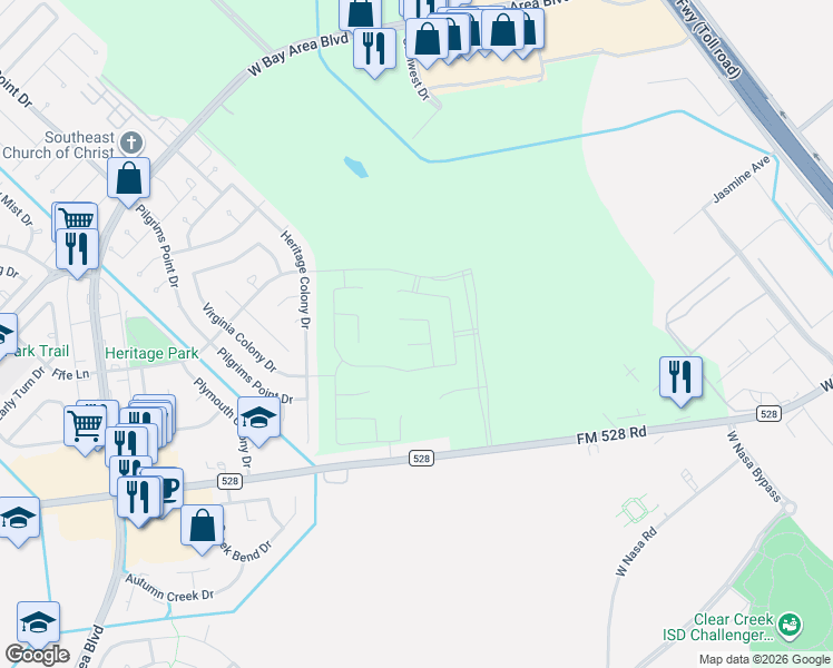 map of restaurants, bars, coffee shops, grocery stores, and more near 2815 Heritage Colony Drive in Webster
