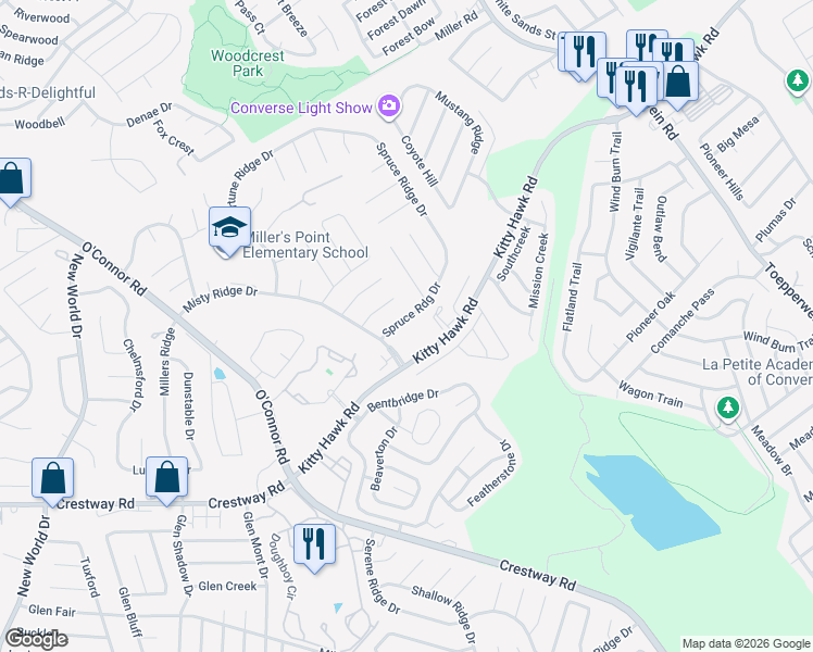 map of restaurants, bars, coffee shops, grocery stores, and more near 7525 Kitty Hawk Road in Universal City