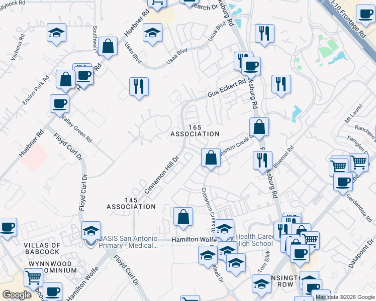 map of restaurants, bars, coffee shops, grocery stores, and more near 4907 Hill Mist in San Antonio
