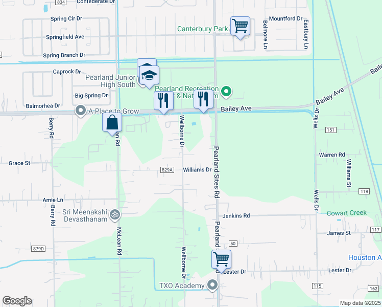 map of restaurants, bars, coffee shops, grocery stores, and more near 17025 Wellborne Road in Pearland