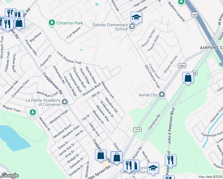 map of restaurants, bars, coffee shops, grocery stores, and more near 9822 Meadow Lark in Converse