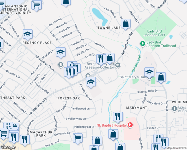 map of restaurants, bars, coffee shops, grocery stores, and more near 3 Nacogdoches Road in San Antonio