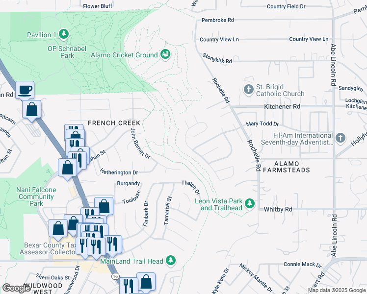 map of restaurants, bars, coffee shops, grocery stores, and more near 9319 Maverick Pass in San Antonio