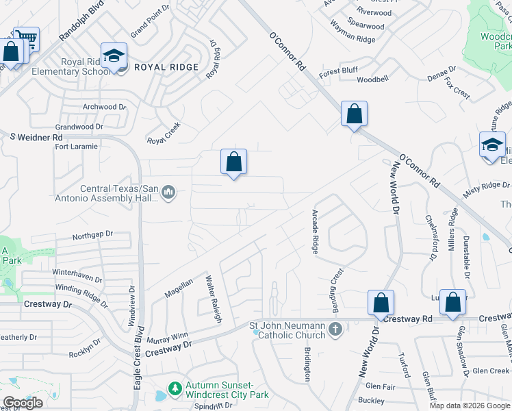 map of restaurants, bars, coffee shops, grocery stores, and more near Killingsworth in San Antonio