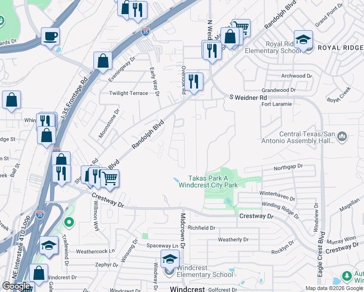 map of restaurants, bars, coffee shops, grocery stores, and more near 3 Adkins Ridge in San Antonio