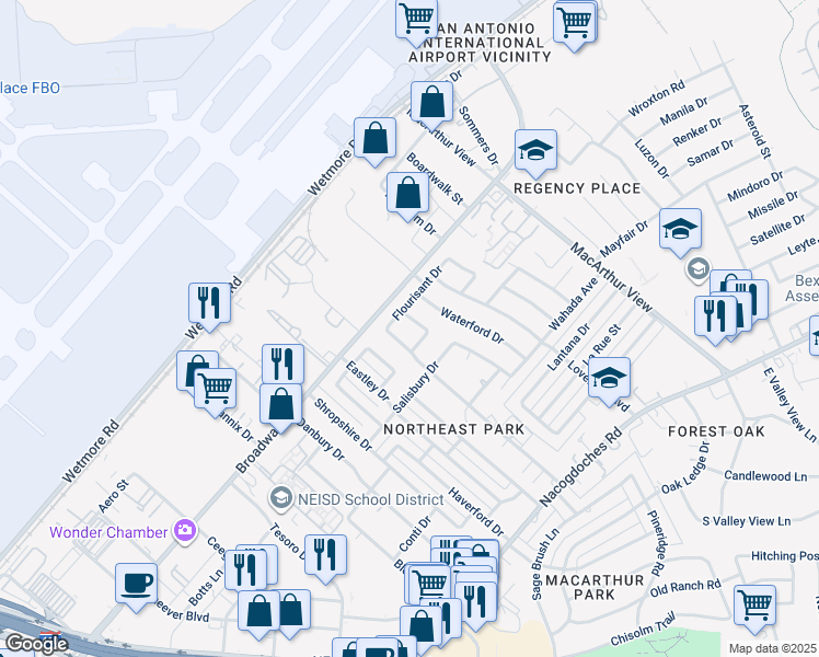 map of restaurants, bars, coffee shops, grocery stores, and more near 9610 Clarion Drive in San Antonio