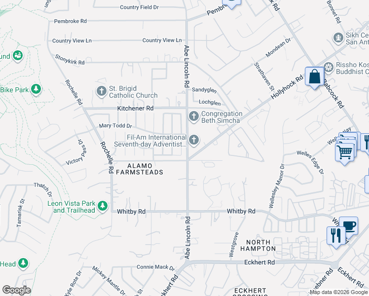 map of restaurants, bars, coffee shops, grocery stores, and more near 9190 Abe Lincoln in San Antonio