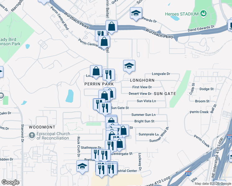 map of restaurants, bars, coffee shops, grocery stores, and more near 9530 Perrin Beitel in San Antonio