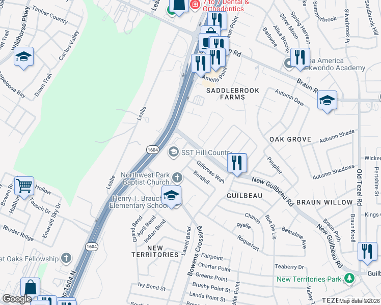 map of restaurants, bars, coffee shops, grocery stores, and more near 9514 Gillcross Way in San Antonio