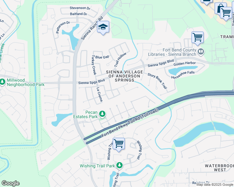map of restaurants, bars, coffee shops, grocery stores, and more near 5711 River Peak in Missouri City