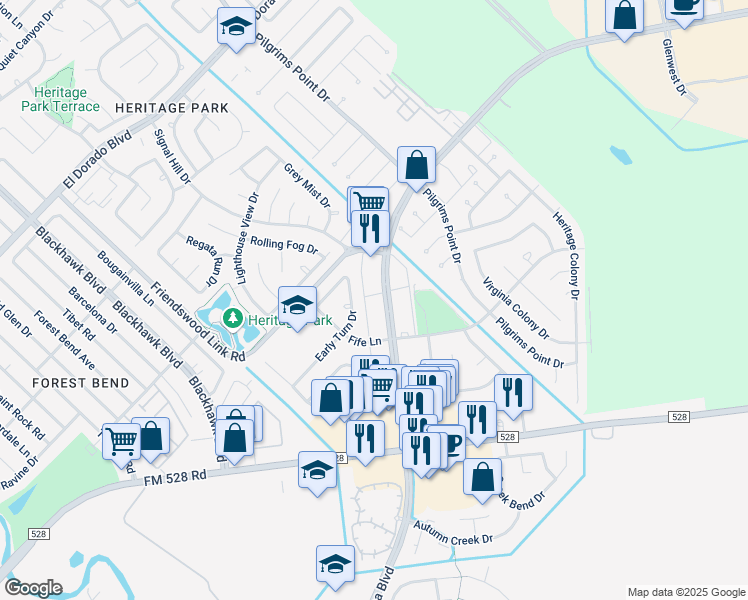 map of restaurants, bars, coffee shops, grocery stores, and more near 40 Bay Area Boulevard in Webster