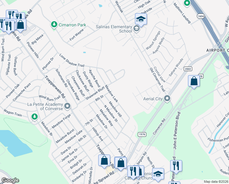 map of restaurants, bars, coffee shops, grocery stores, and more near 9822 Meadow Lark in Converse