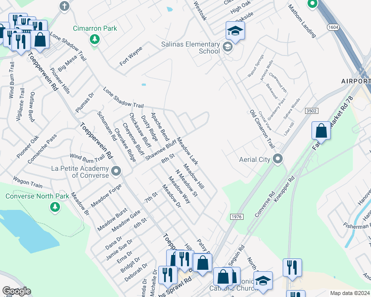 map of restaurants, bars, coffee shops, grocery stores, and more near 9840 Meadow Hill in Converse