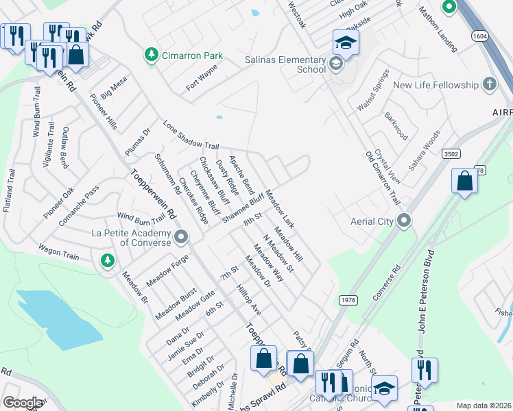 map of restaurants, bars, coffee shops, grocery stores, and more near 9918 Shawnee Bluff in Converse