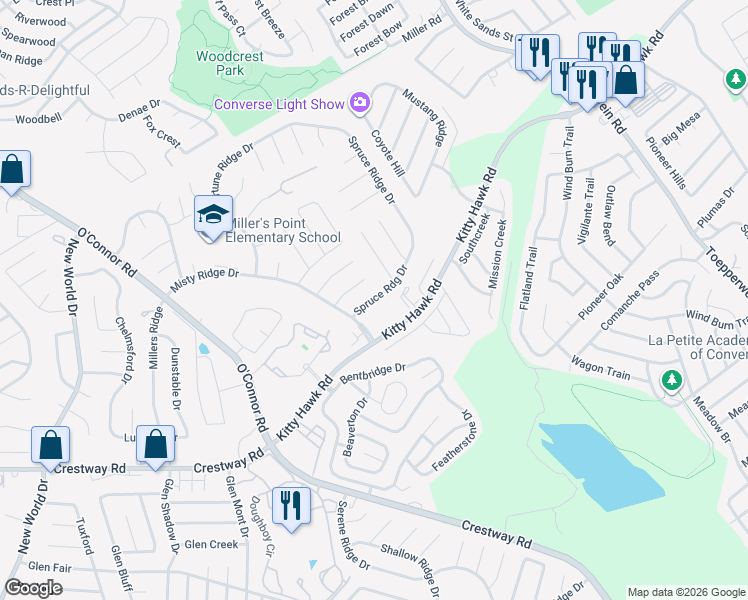 map of restaurants, bars, coffee shops, grocery stores, and more near 7525 Kitty Hawk Road in Universal City
