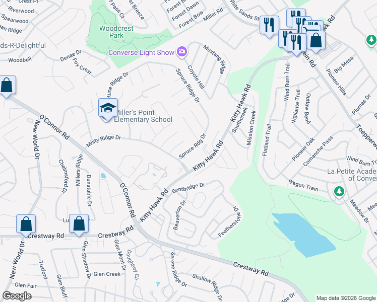 map of restaurants, bars, coffee shops, grocery stores, and more near 7525 Kitty Hawk Road in Universal City