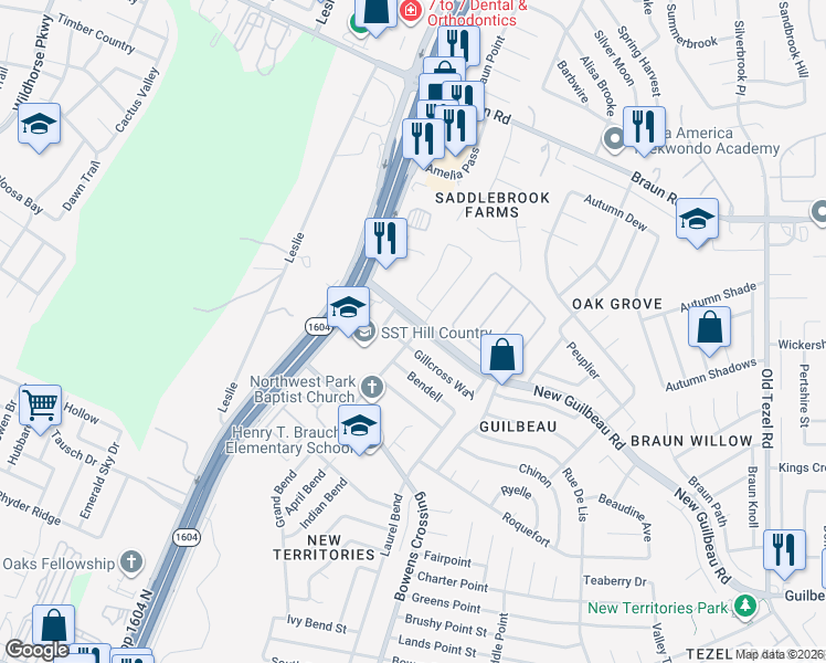 map of restaurants, bars, coffee shops, grocery stores, and more near 9502 Swans Crossing in San Antonio