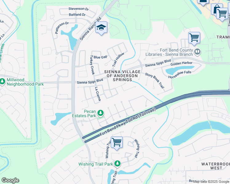 map of restaurants, bars, coffee shops, grocery stores, and more near 5715 River Peak in Missouri City