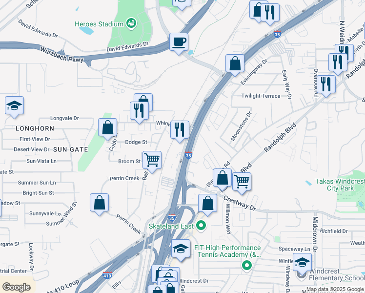 map of restaurants, bars, coffee shops, grocery stores, and more near 9703 North Interstate 35 in San Antonio