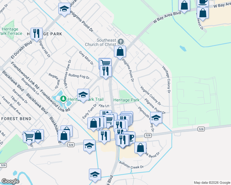 map of restaurants, bars, coffee shops, grocery stores, and more near 17517 Fife Lane in Webster