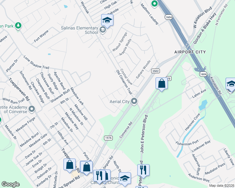 map of restaurants, bars, coffee shops, grocery stores, and more near 8923 Prized Pony in Converse