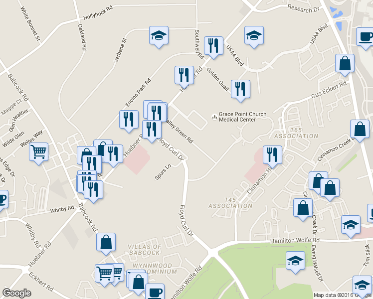 map of restaurants, bars, coffee shops, grocery stores, and more near 9000 Floyd Curl Drive in San Antonio
