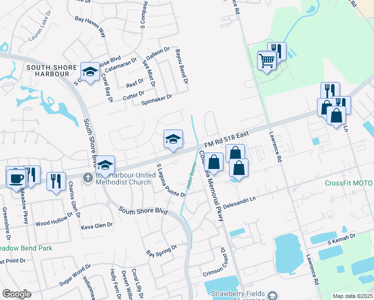 map of restaurants, bars, coffee shops, grocery stores, and more near 3842 Farm to Market Road 518 in League City