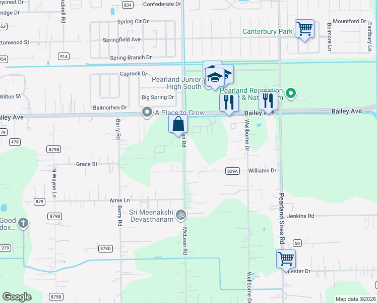 map of restaurants, bars, coffee shops, grocery stores, and more near 16729 McLean Road in Pearland