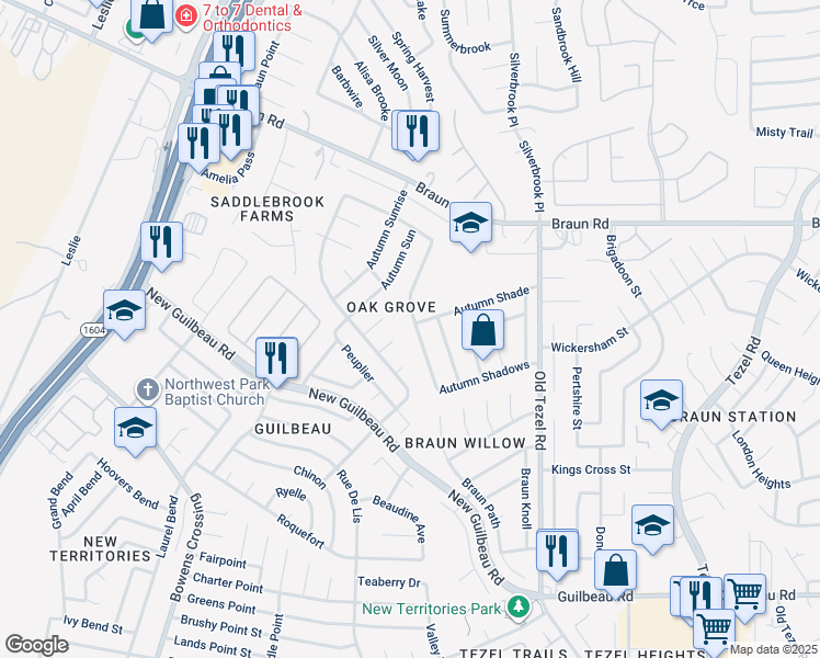map of restaurants, bars, coffee shops, grocery stores, and more near 9514 Autumn Grove in San Antonio