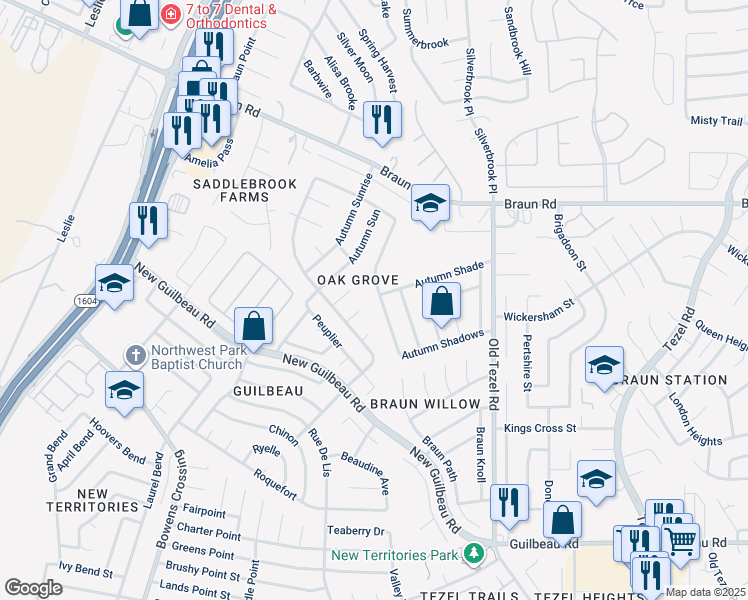map of restaurants, bars, coffee shops, grocery stores, and more near 9514 Autumn Grove in San Antonio