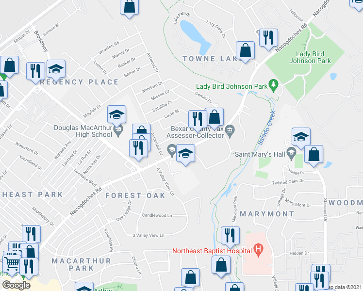 map of restaurants, bars, coffee shops, grocery stores, and more near 3 Nacogdoches Road in San Antonio