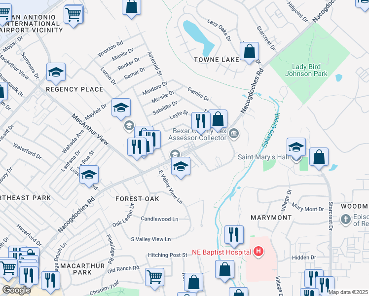 map of restaurants, bars, coffee shops, grocery stores, and more near 3 Nacogdoches Road in San Antonio