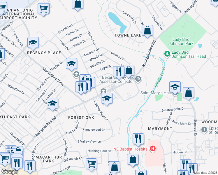 map of restaurants, bars, coffee shops, grocery stores, and more near 3243 Nacogdoches Road in San Antonio