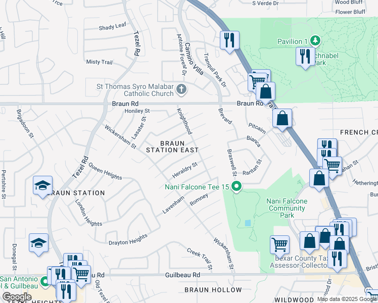 map of restaurants, bars, coffee shops, grocery stores, and more near 8318 Watch Tower Street in San Antonio