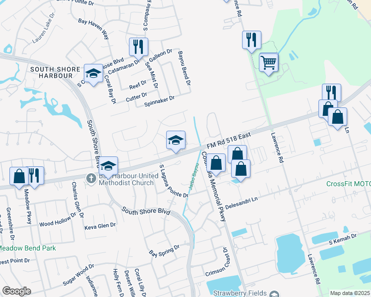 map of restaurants, bars, coffee shops, grocery stores, and more near 3850 Farm to Market Road 518 East in League City