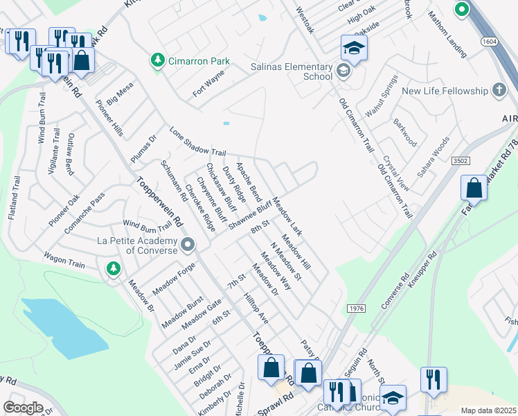 map of restaurants, bars, coffee shops, grocery stores, and more near 9918 Shawnee Bluff in Converse