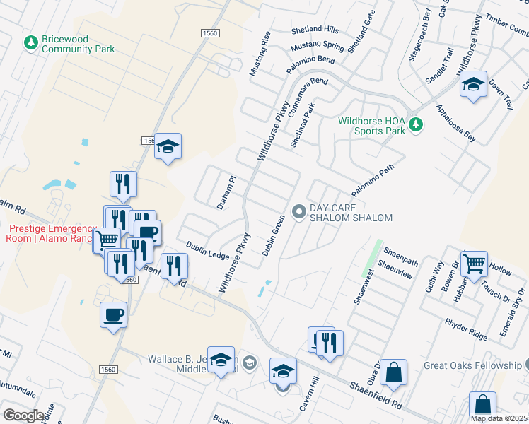 map of restaurants, bars, coffee shops, grocery stores, and more near 11030 Dublin Field in San Antonio