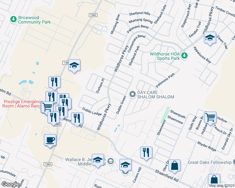 map of restaurants, bars, coffee shops, grocery stores, and more near 11030 Dublin Field in San Antonio