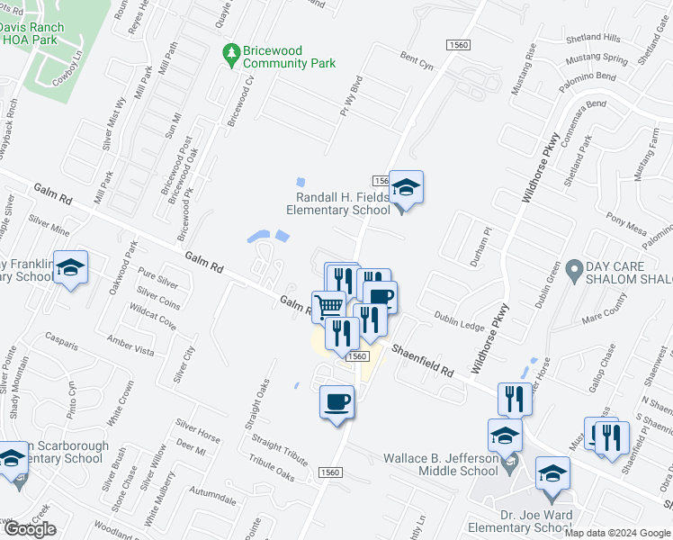 map of restaurants, bars, coffee shops, grocery stores, and more near 11505 Galm Road in Helotes