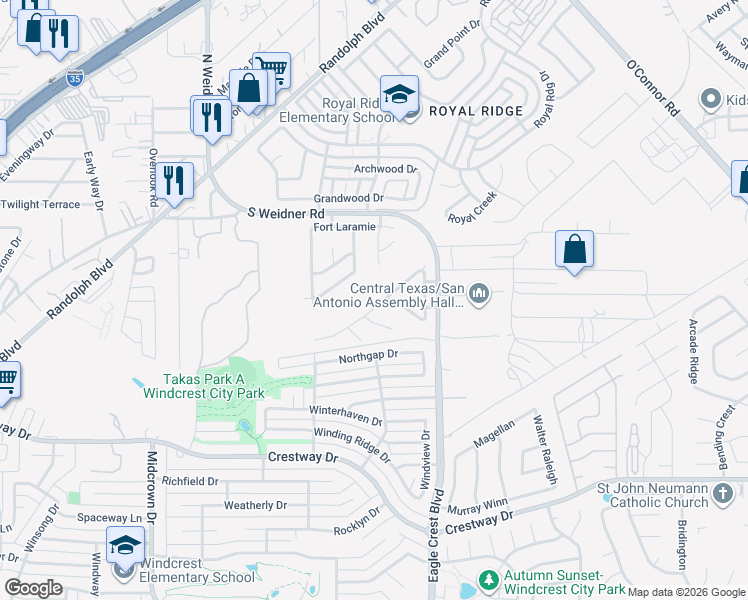 map of restaurants, bars, coffee shops, grocery stores, and more near 6015 Bronco Way in San Antonio