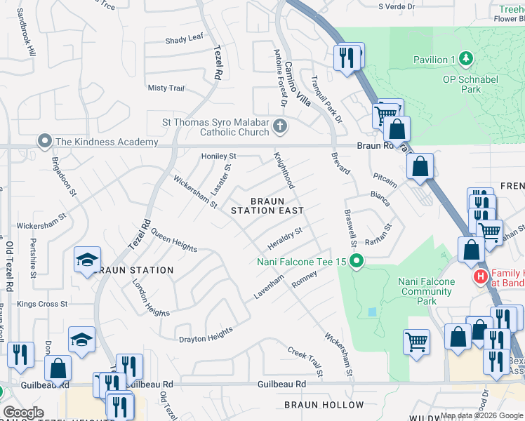 map of restaurants, bars, coffee shops, grocery stores, and more near 8431 Dragon Street in San Antonio