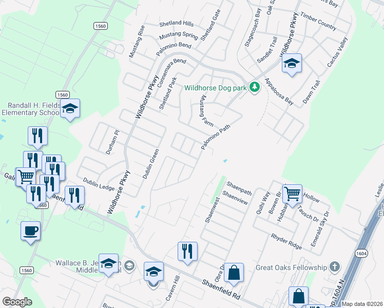 map of restaurants, bars, coffee shops, grocery stores, and more near 9414 Pegasus Run Road in San Antonio